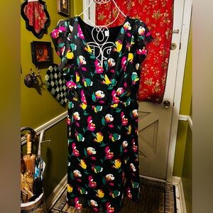 Old Navy Black Pink Green Yellow Ruffle Dress with Colorful Floral Print L